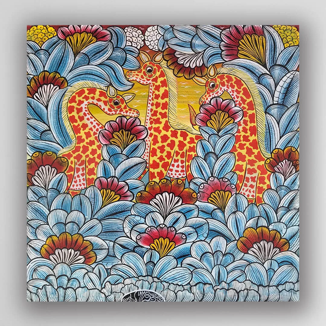 非洲藝術畫作《花花世界-長頸鹿家族 U462》坦尚尼亞 tinga tinga 畫家 Rashidi Mzuguno 手繪 - 凡卡藝廊