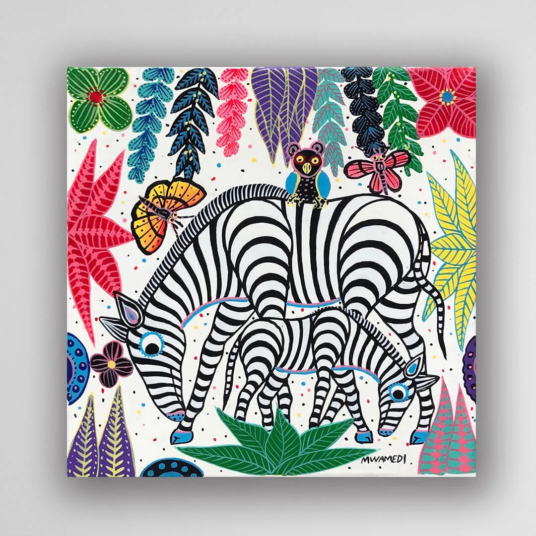 非洲藝術畫作《斑馬家族 U793》坦尚尼亞 tinga tinga 畫家 Mwamedi 手繪 - 凡卡藝廊