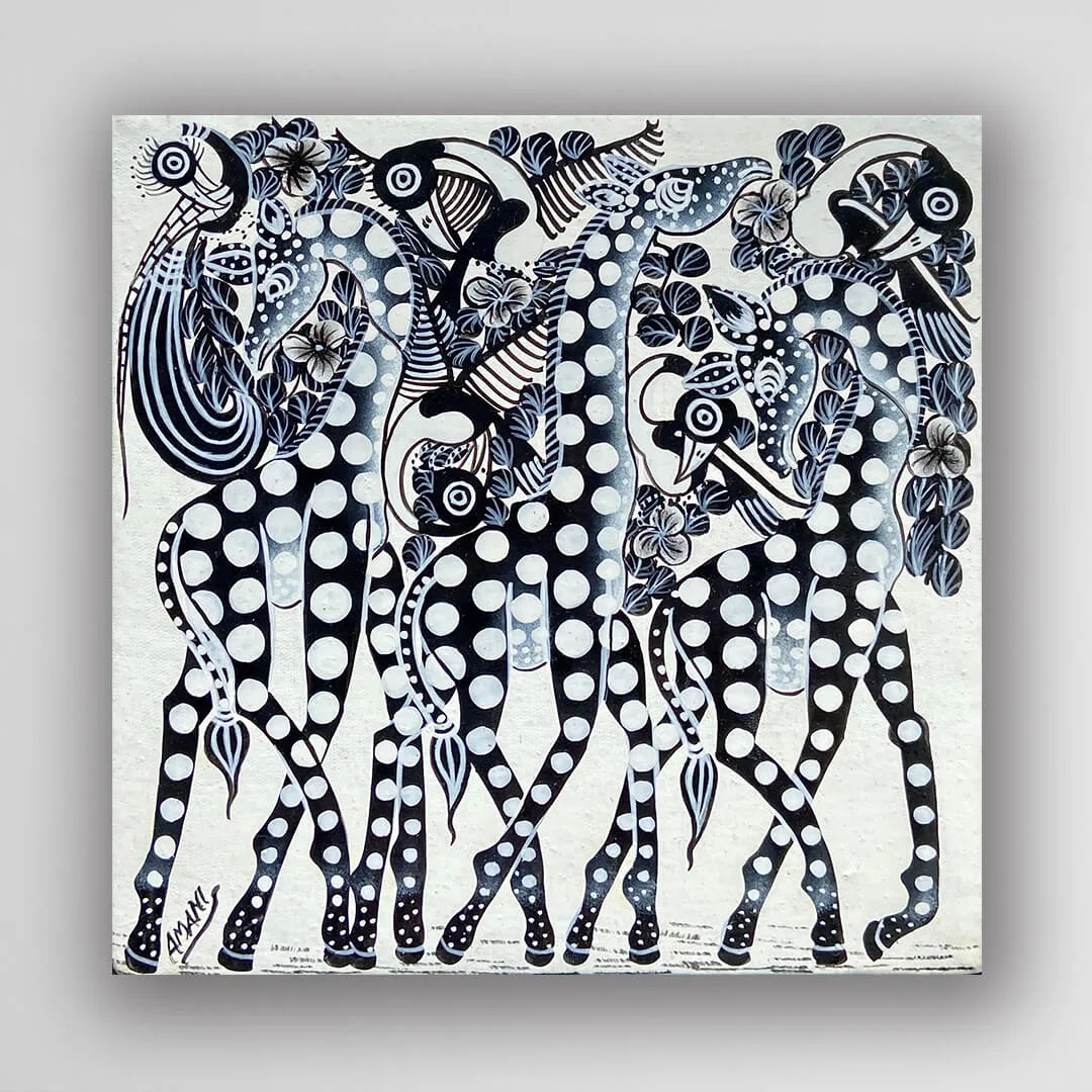 非洲藝術畫作《長頸鹿家族 V013》坦尚尼亞 Tinga Tinga 畫家 Amani 手繪 - 凡卡藝廊
