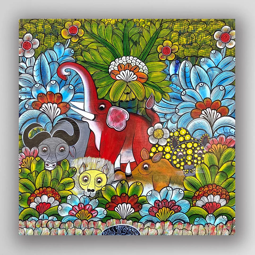 非洲藝術畫作《非洲五霸的祕密花園 V205》坦尚尼亞 tinga tinga 畫家 Rashidi Mzuguno 手繪 - 凡卡藝廊