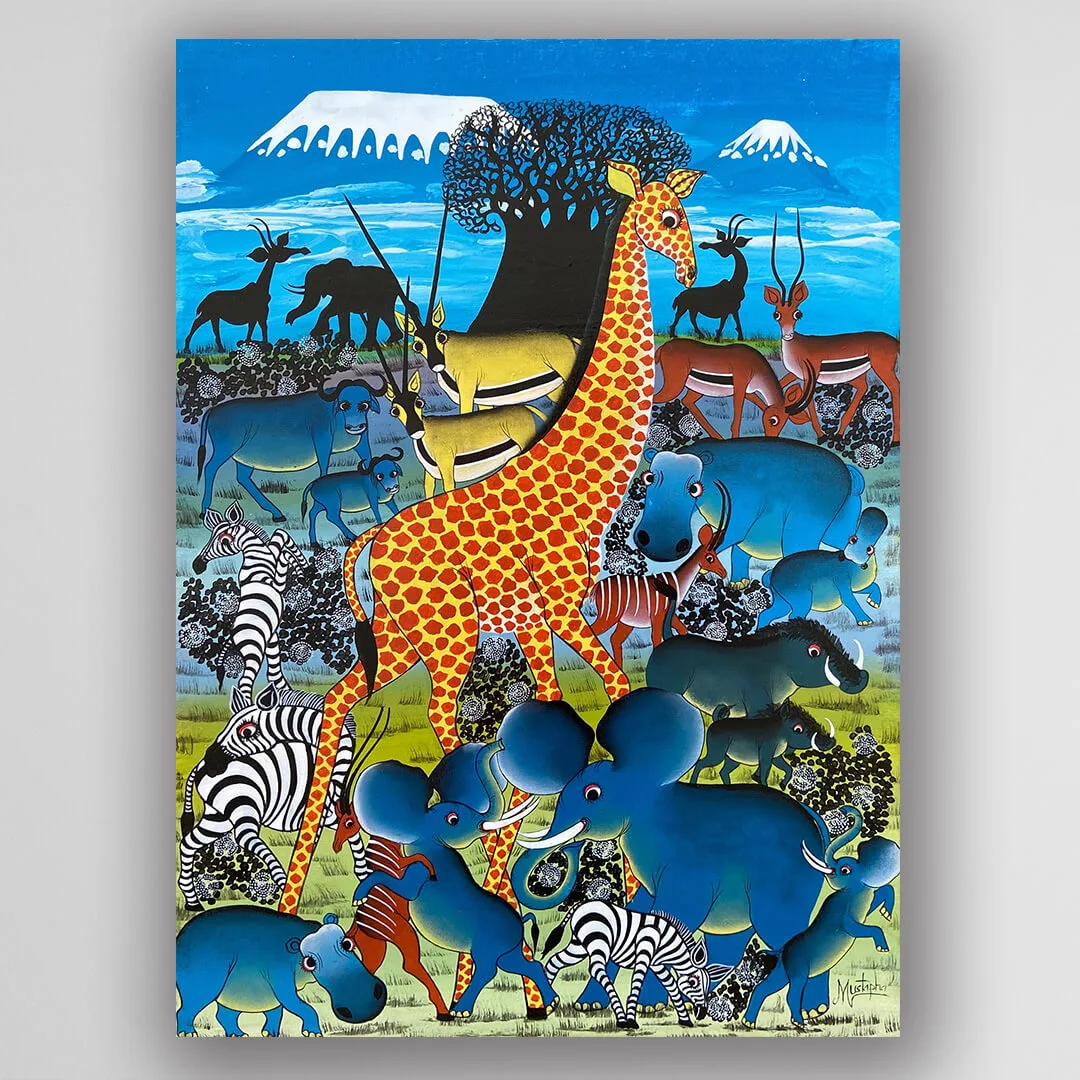 非洲藝術畫作《動物草原 V216》坦尚尼亞 Tinga Tinga 畫家 Mustapha 手繪 - 凡卡藝廊