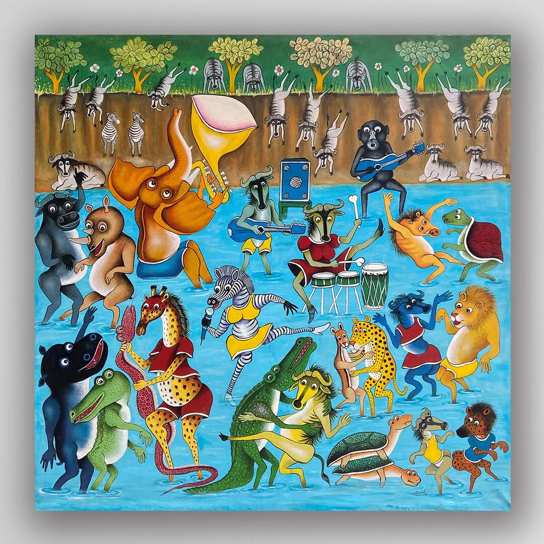 非洲藝術畫作《叢林狂歡夜 V217》坦尚尼亞 Tinga Tinga 畫家 Bush Mikidadi 手繪 - 凡卡藝廊