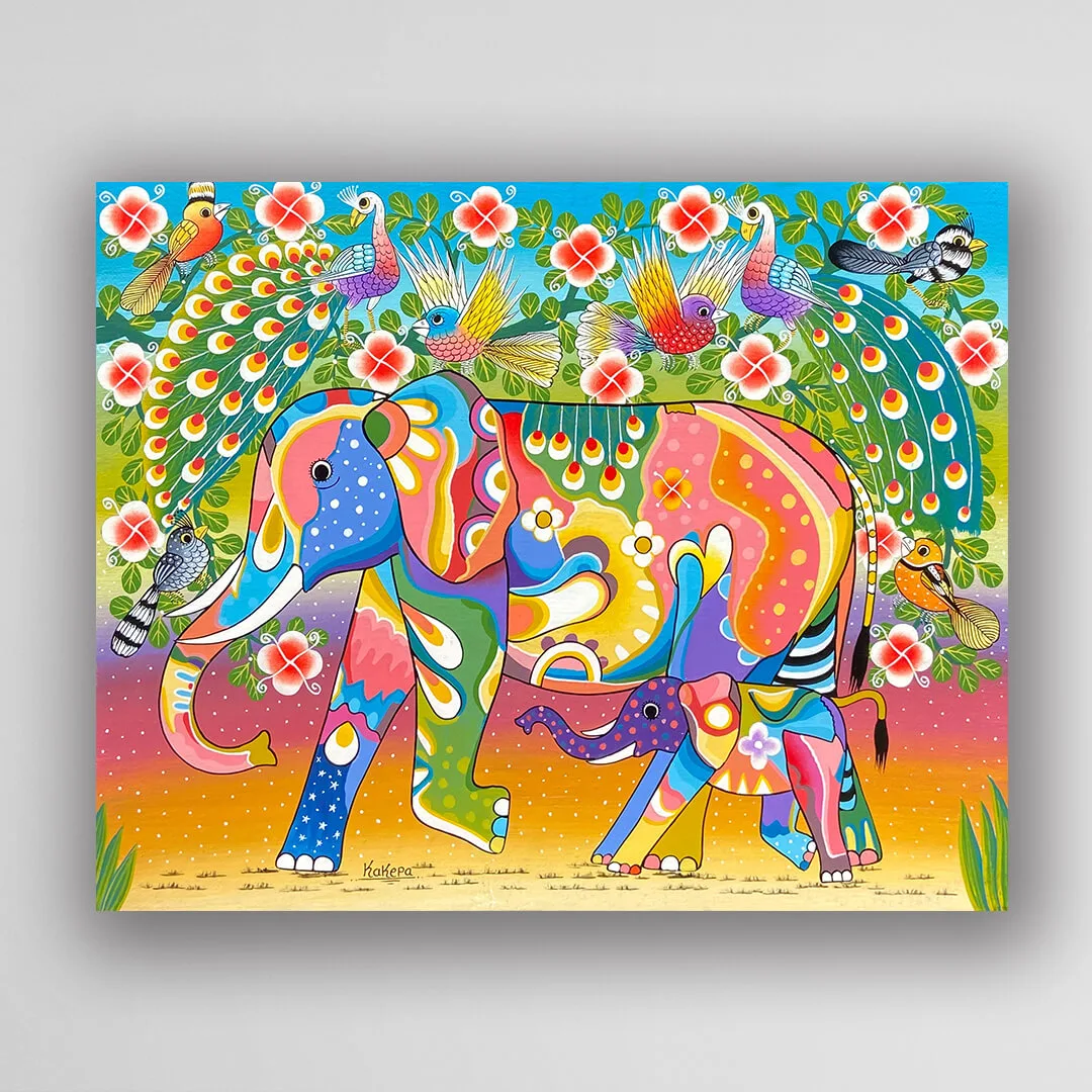 非洲藝術畫作《閃亮家族-大象 V286》坦尚尼亞 tinga tinga 畫家 Kakepa 手繪 - 凡卡藝廊
