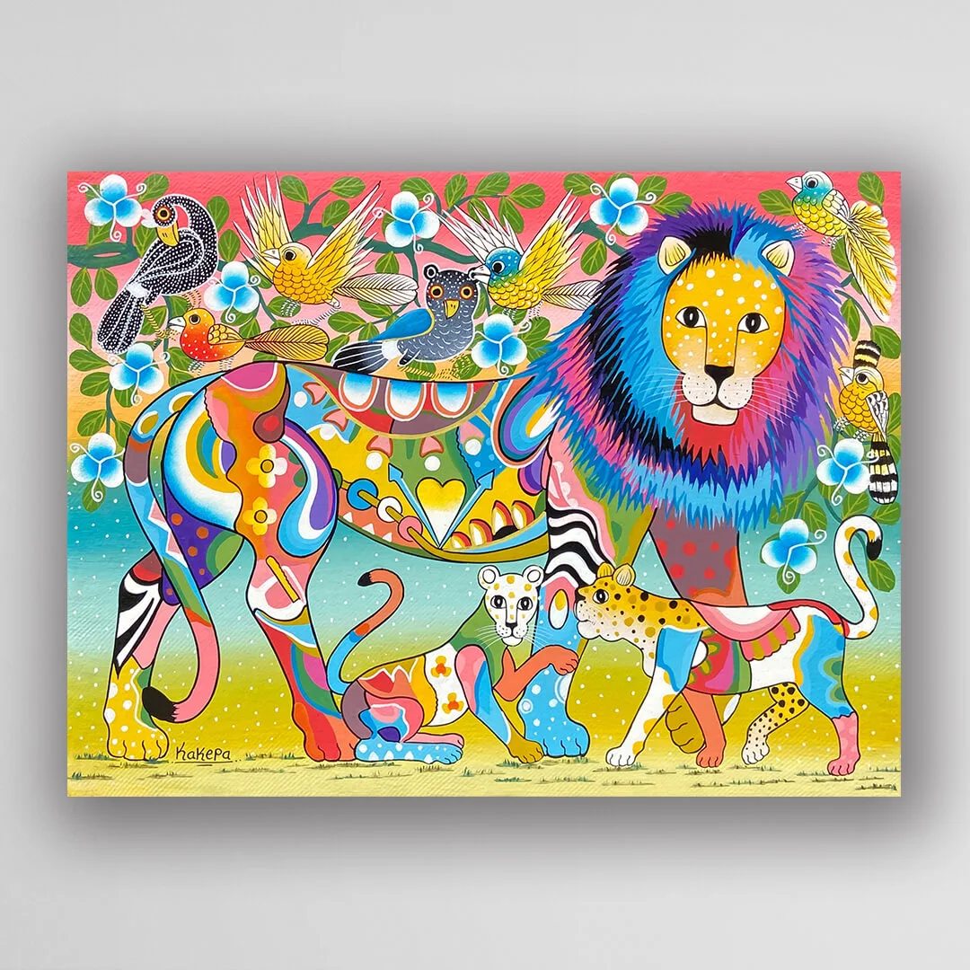 非洲藝術畫作《閃亮家族-獅子 V289》坦尚尼亞 tinga tinga 畫家 Kakepa 手繪 - 凡卡藝廊