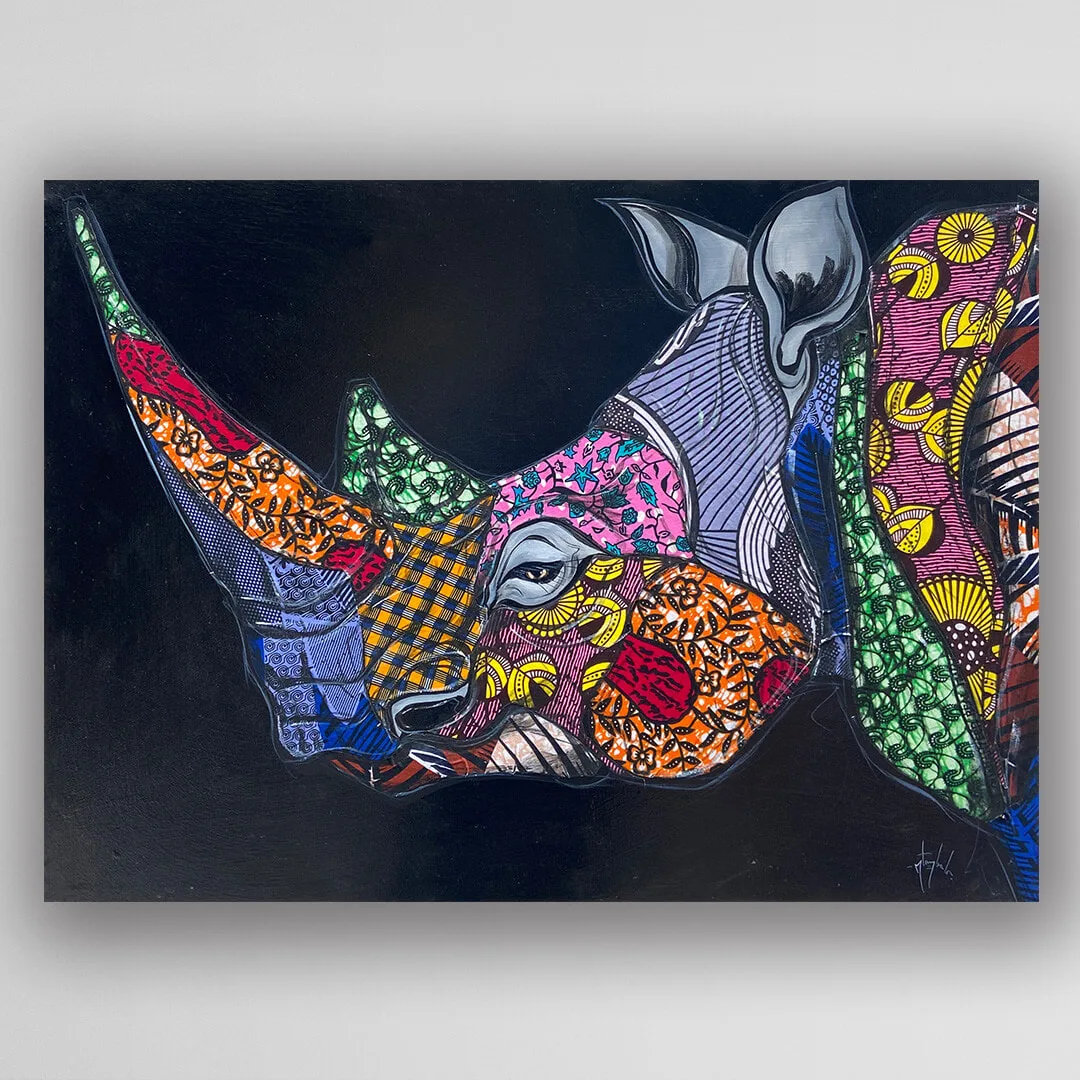 非洲藝術畫作《Kitenge 犀牛 V300》坦尚尼亞 tinga tinga 畫家 Amos Mtambala 手繪 - 凡卡藝廊