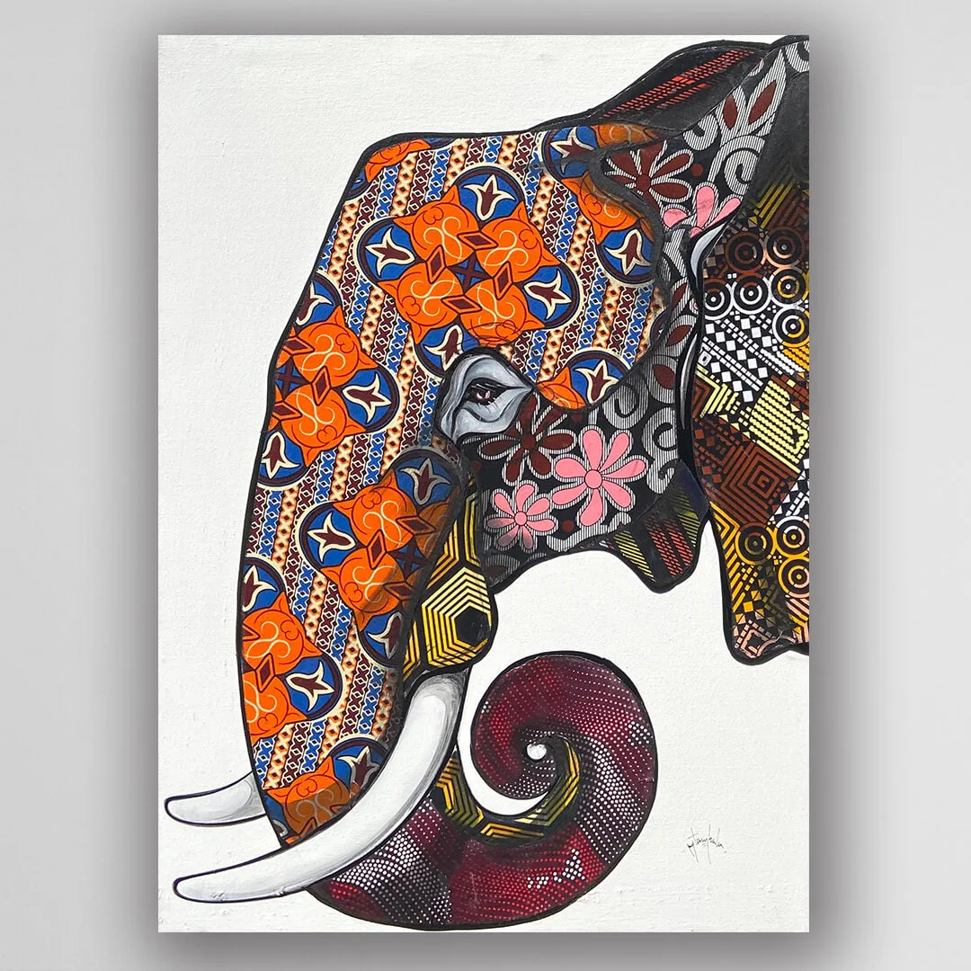 非洲藝術畫作《Kitenge 大象 V360》坦尚尼亞 tinga tinga 畫家 Amos Mtambala 手繪 - 凡卡藝廊
