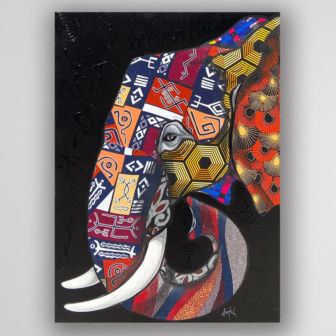 非洲藝術畫作《Kitenge 大象 V361》坦尚尼亞 tinga tinga 畫家 Amos Mtambala 手繪 - 凡卡藝廊