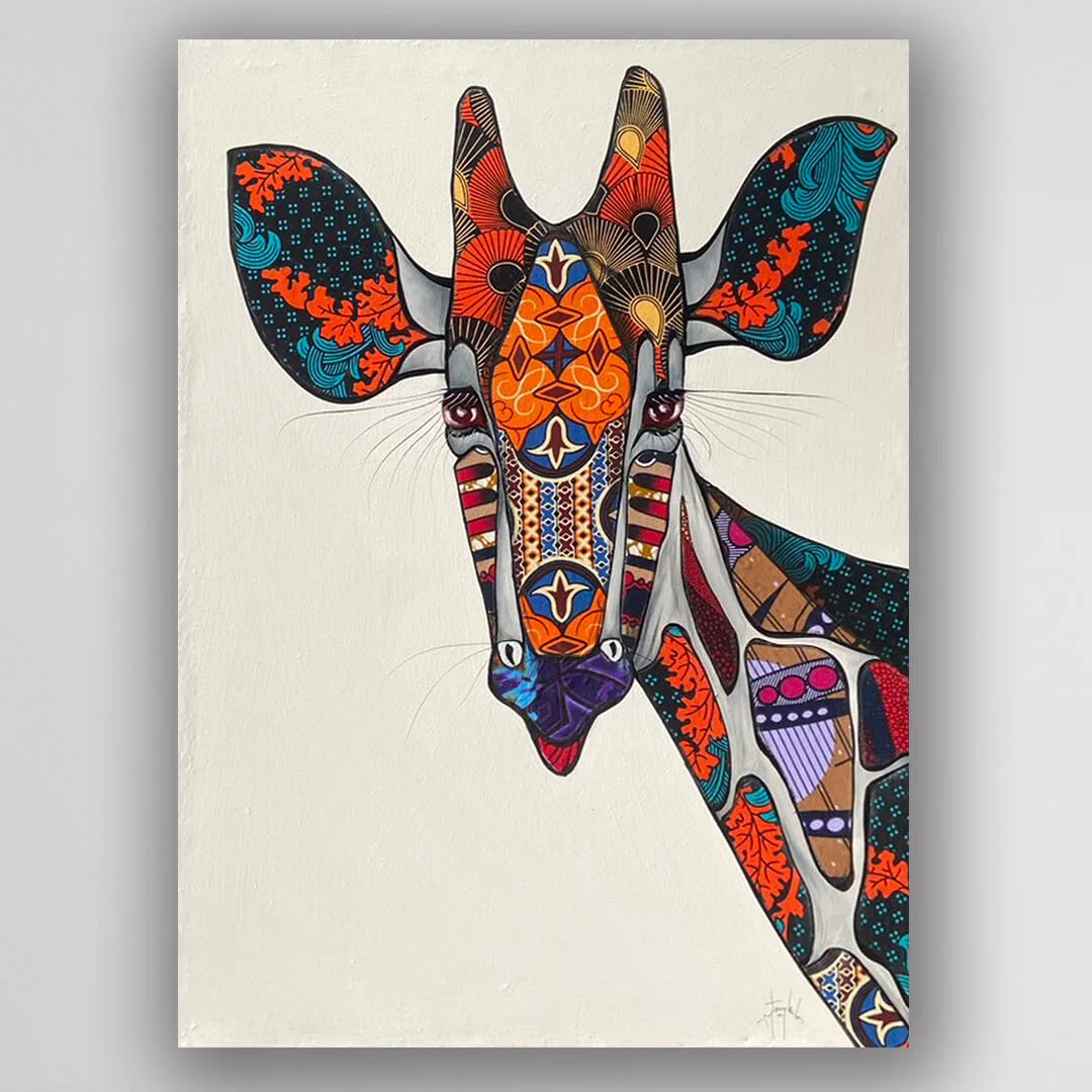 非洲藝術畫作《Kitenge 長頸鹿 V363》坦尚尼亞 tinga tinga 畫家 Amos Mtambala 手繪 - 凡卡藝廊