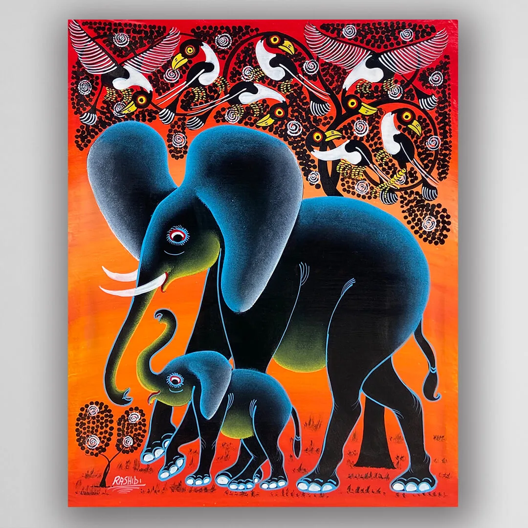 Tinga Tinga 畫家 Rashid 手繪《象媽媽與小象》－凡卡藝廊坦尚尼亞原作