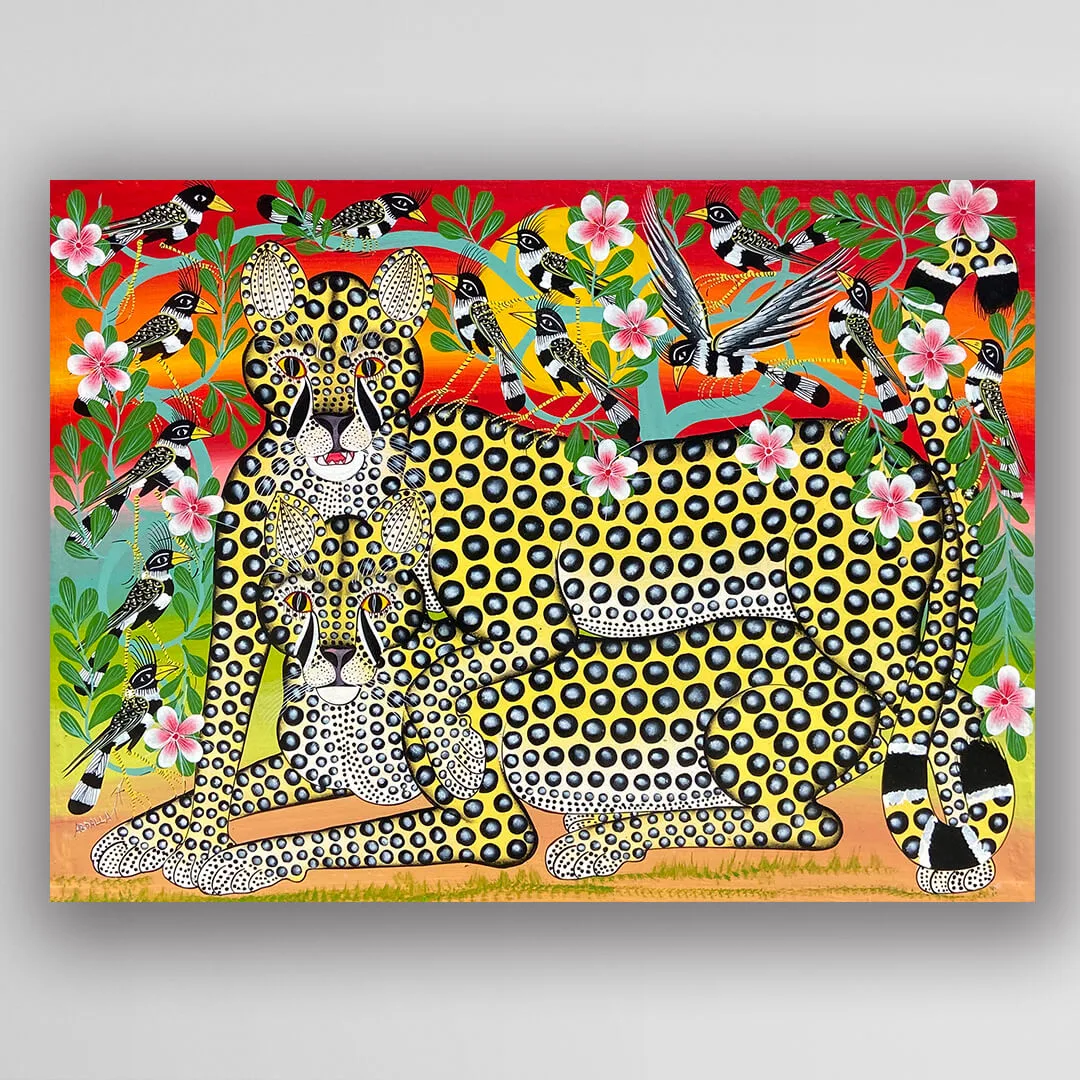 坦尚尼亞藝術 畫家 Abdallah 手繪《夕陽與獵豹愛侶》－凡卡藝廊原作
