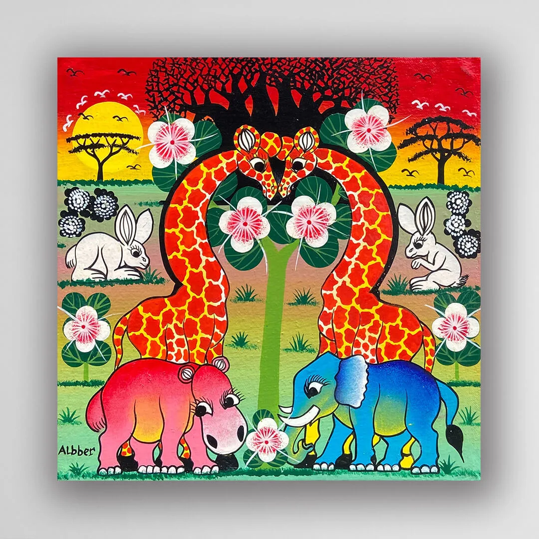 非洲藝術畫作《動物草原 V491》坦尚尼亞 tinga tinga 畫家 Albber 手繪 - 凡卡藝廊