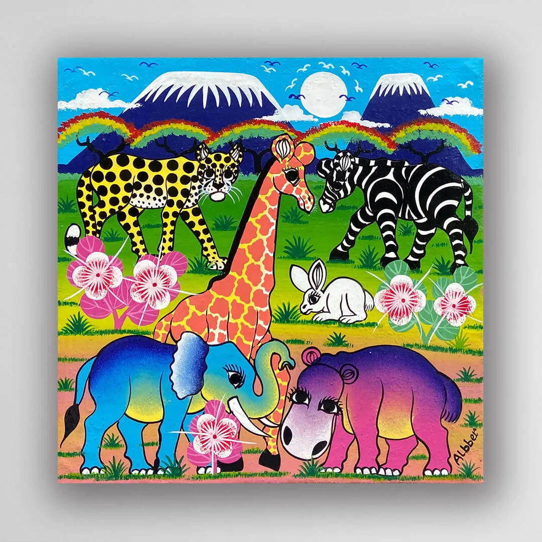非洲藝術畫作《動物草原 V492》坦尚尼亞 tinga tinga 畫家 Albber 手繪 - 凡卡藝廊