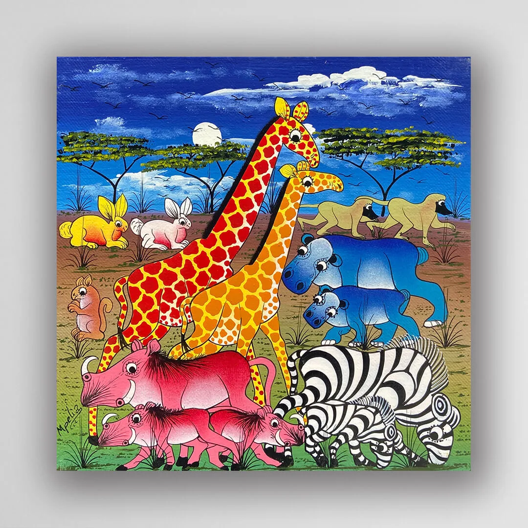 非洲藝術畫作《月夜草原 V500》坦尚尼亞 Tinga Tinga 畫家 Mpelia 手繪 - 凡卡藝廊