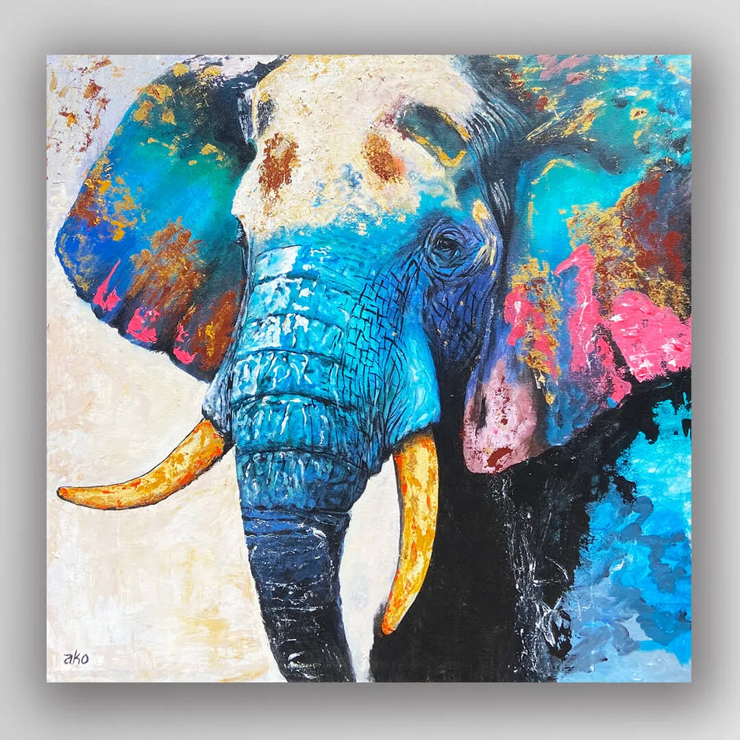 非洲藝術畫作《藍色巨象 V503》坦尚尼亞畫家 Ako 手繪 - 凡卡藝廊