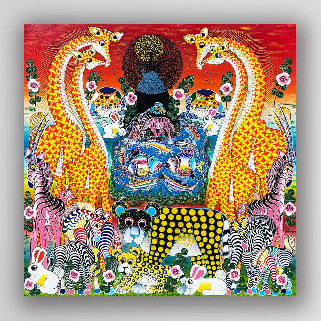 非洲藝術畫作《非洲夢境・水邊樂園 V527》坦尚尼亞 Tinga Tinga 畫家 Yaphidu 手繪 - 凡卡藝廊