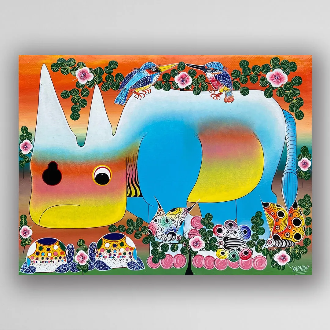 非洲藝術畫作《夢遊草原：犀牛 V530》坦尚尼亞 tinga tinga 畫家 Yaphidu 手繪 - 凡卡藝廊