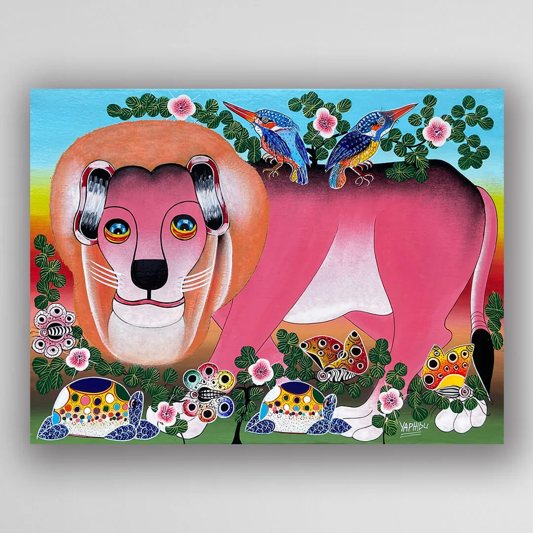 非洲藝術畫作《夢遊草原：獅子 V531》坦尚尼亞 tinga tinga 畫家 Yaphidu 手繪 - 凡卡藝廊