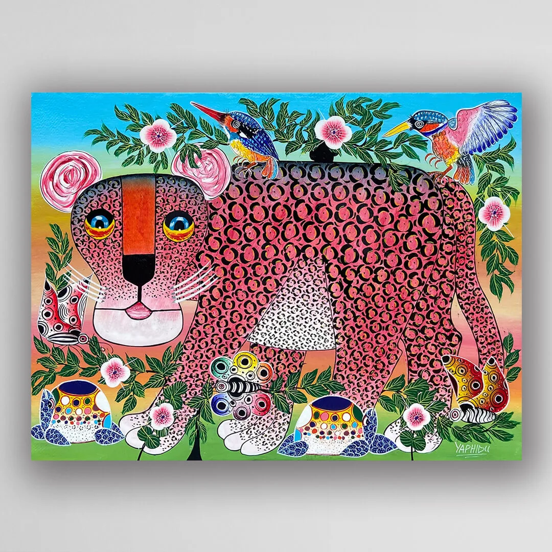 非洲藝術畫作《夢遊草原：花豹 V532》坦尚尼亞 tinga tinga 畫家 Yaphidu 手繪 - 凡卡藝廊
