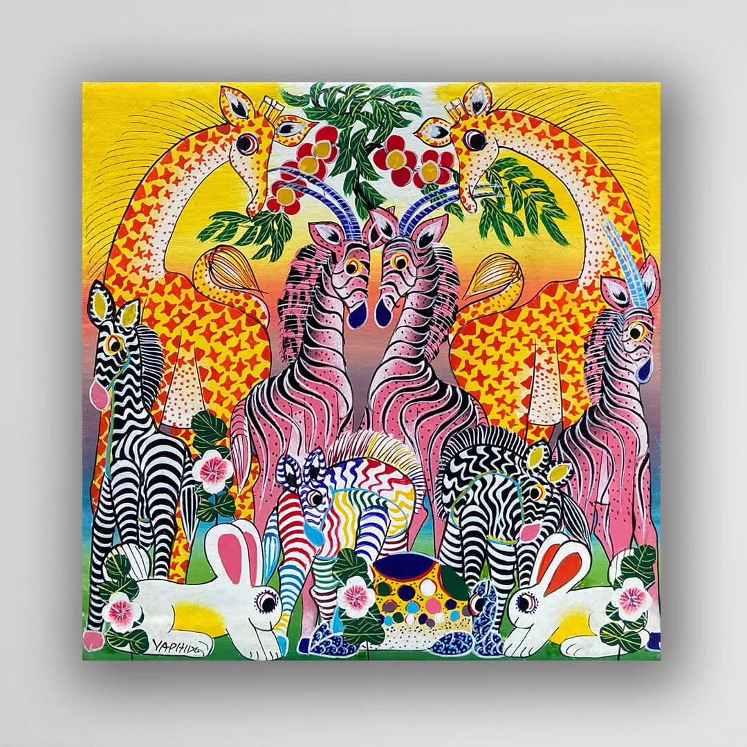 非洲藝術畫作《草原大遊行．果樹下 V533》坦尚尼亞 tinga tinga 畫家 Yaphidu 手繪 - 凡卡藝廊