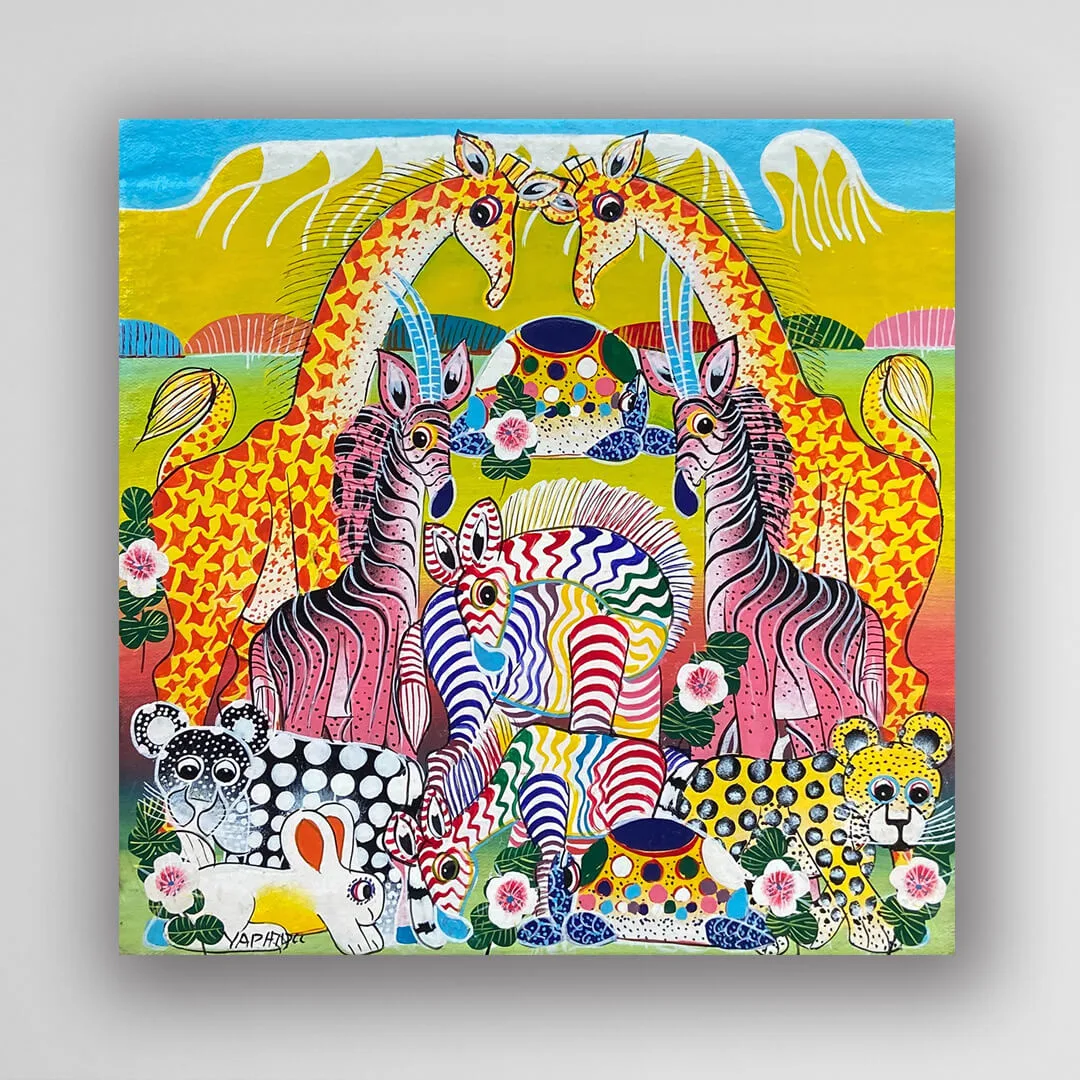 非洲藝術畫作《草原大遊行．金色山脈 V534》坦尚尼亞 tinga tinga 畫家 Yaphidu 手繪 - 凡卡藝廊