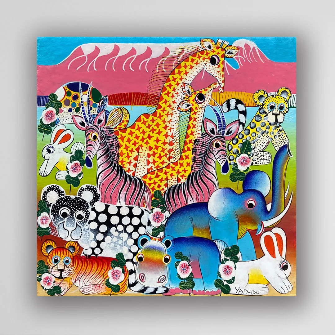 非洲藝術畫作《草原大遊行．相聚 V535》坦尚尼亞 tinga tinga 畫家 Yaphidu 手繪 - 凡卡藝廊