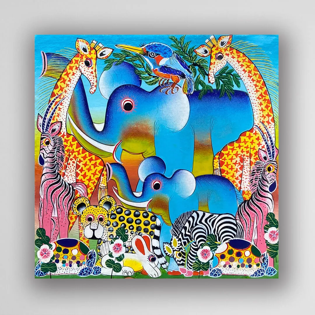 非洲藝術畫作《草原大遊行．啟程 V536》坦尚尼亞 tinga tinga 畫家 Yaphidu 手繪 - 凡卡藝廊