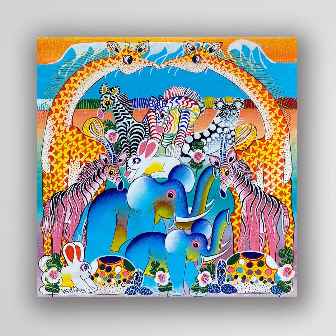非洲藝術畫作《草原大遊行．家園 V537》坦尚尼亞 tinga tinga 畫家 Yaphidu 手繪 - 凡卡藝廊