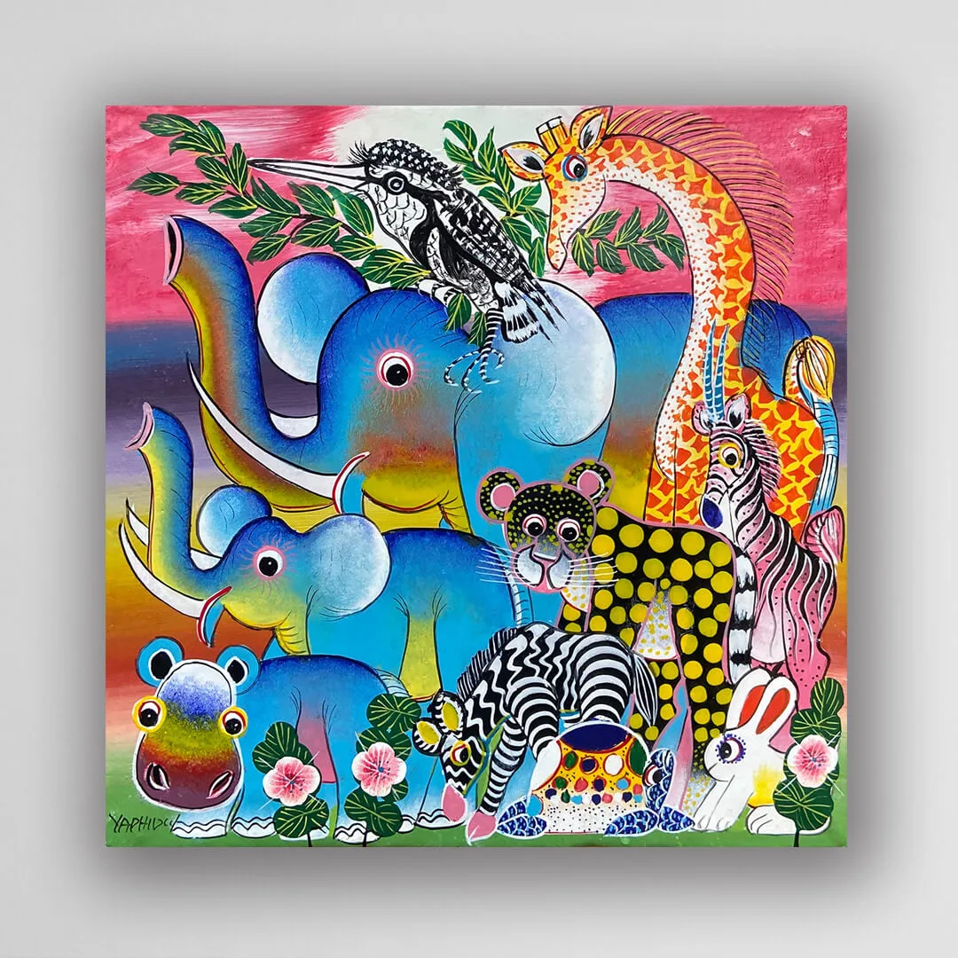 非洲藝術畫作《草原大遊行．同行 V539》坦尚尼亞 tinga tinga 畫家 Yaphidu 手繪 - 凡卡藝廊