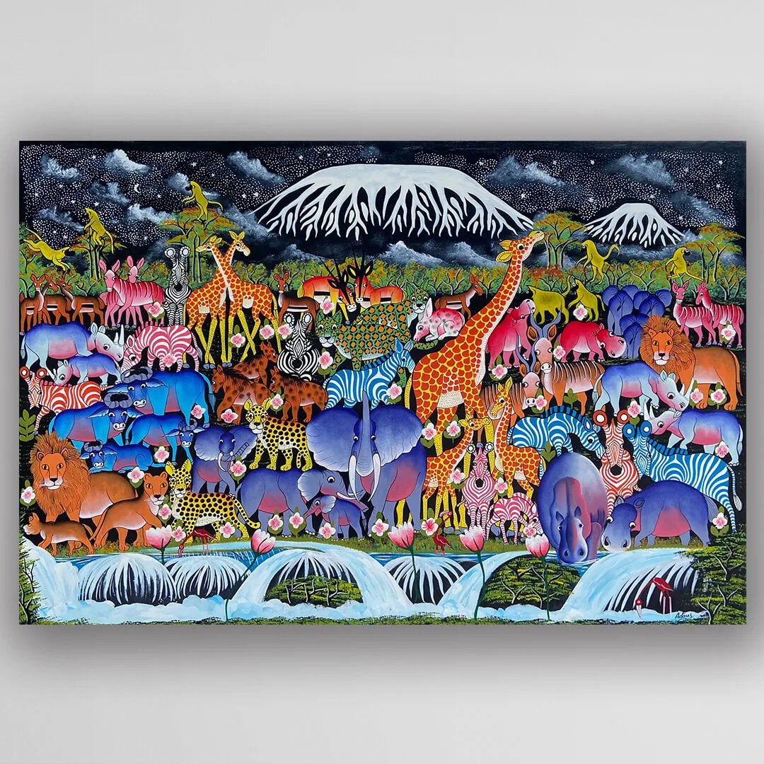 手繪畫作 畫家 Adams 《雪山下的盛會》－凡卡藝廊坦尚尼亞非洲藝術