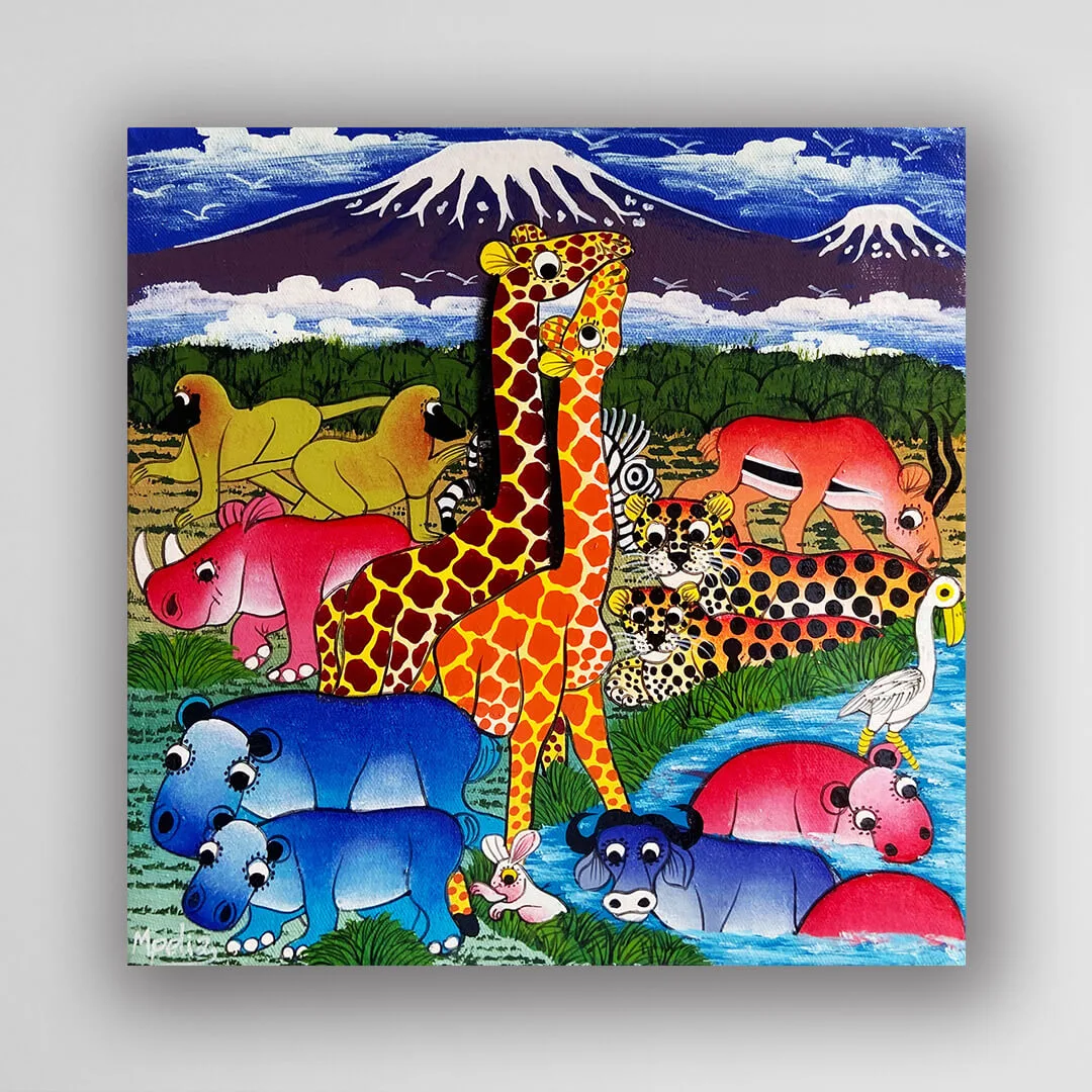 非洲藝術畫作《V616 草原家族》坦尚尼亞 TingaTinga 畫家 Mpelia 手繪 - 凡卡藝廊廊
