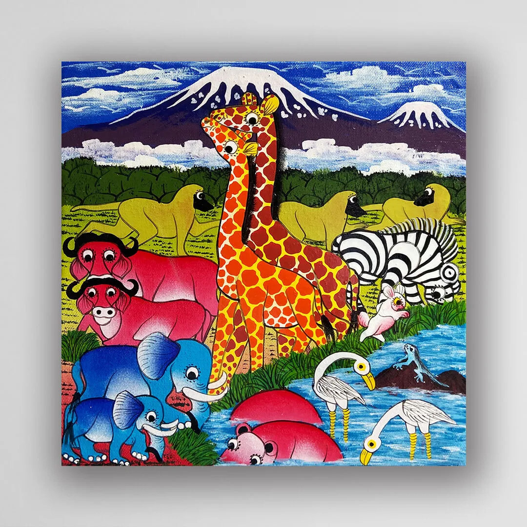 非洲藝術畫作《V619 草原家族》坦尚尼亞 TingaTinga 畫家 Mpelia 手繪 - 凡卡藝廊廊
