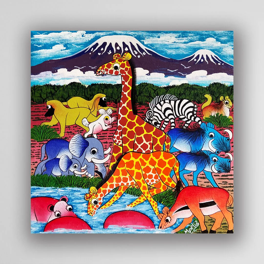 非洲藝術畫作《V620 草原家族》坦尚尼亞 TingaTinga 畫家 Mpelia 手繪 - 凡卡藝廊廊
