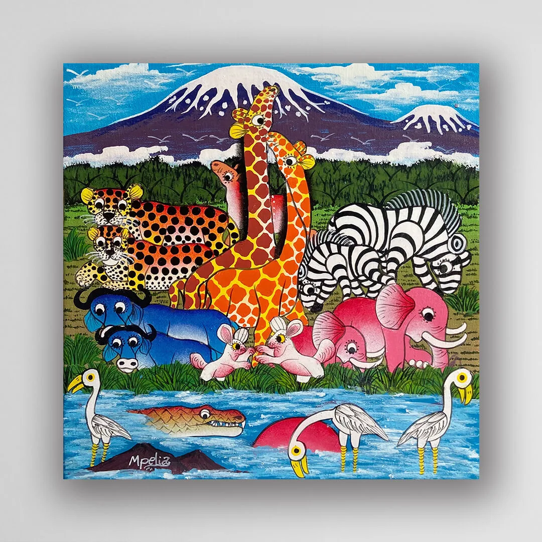 非洲藝術畫作《V622 草原家族》坦尚尼亞   tingatinga 畫家 Mpelia 手繪 - 凡卡藝廊