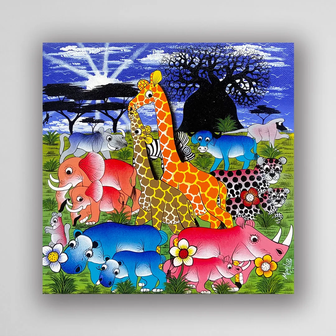 非洲藝術畫作《V646 草原派對》坦尚尼亞   tingatinga 畫家 Mpelia 手繪 - 凡卡藝廊