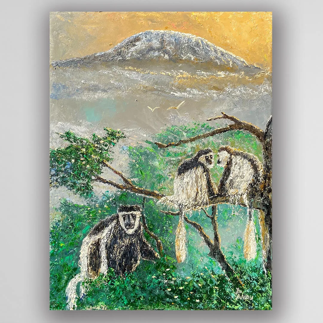 非洲藝術畫作《V664 樹梢上的黑白精靈》坦尚尼畫家 Pandu 手繪 - 凡卡藝廊