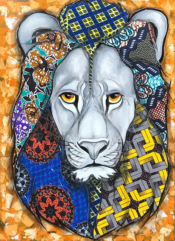 非洲藝術畫作《kitenge獅子 U386》坦尚尼亞畫家Amos Mtambala 手繪 - 凡卡藝廊