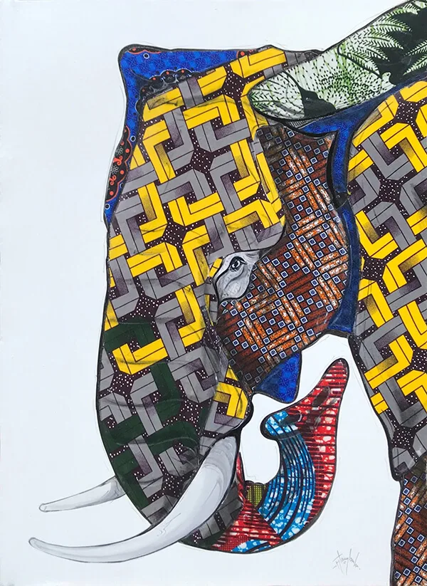 非洲藝術畫作《kitenge大象 U387》坦尚尼亞畫家Amos Mtambala 手繪 - 凡卡藝廊